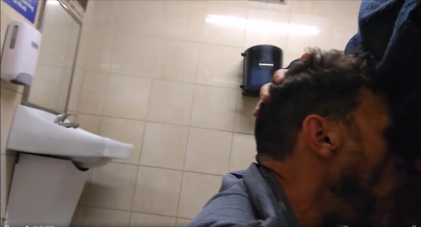 Chubby Bear in public restroom
