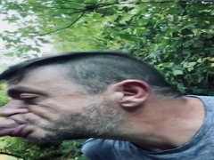 old toothless sissy gums a hard white cock in the woods