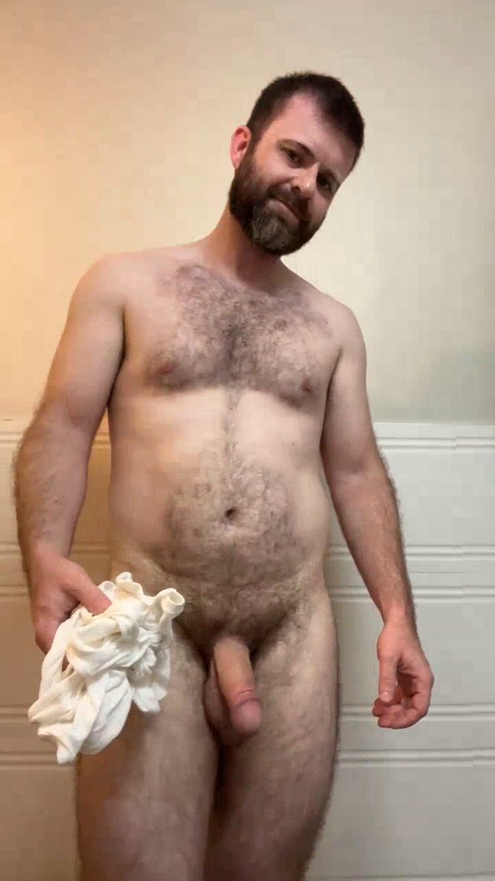 Hairy James getting out of shower