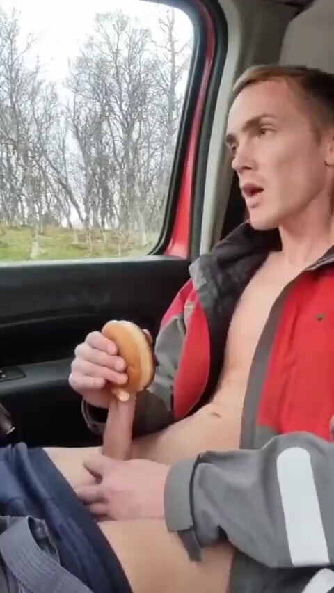 Guy cums in donut and eats it