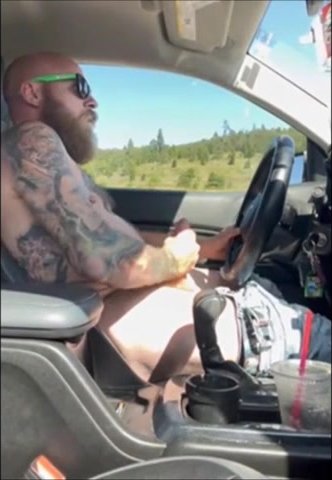 Beard Tatted Daddy jacking and cumming while driving