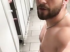 Pig naked and jerking in men's room