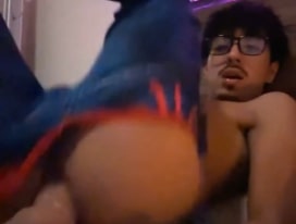 Twink in spiderman suit sucks and rides his dildo