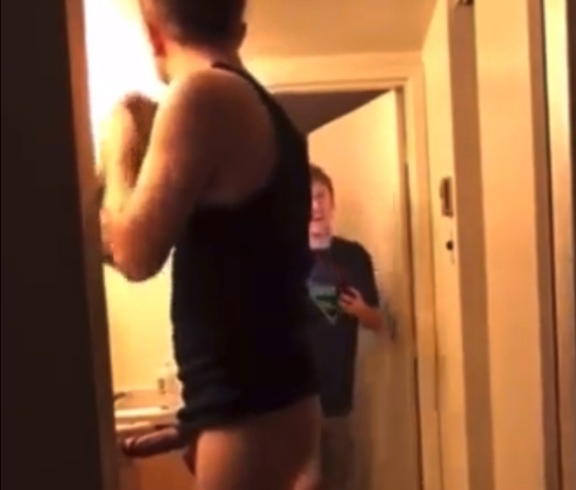 Trying to hide his big hard dick from younger brother
