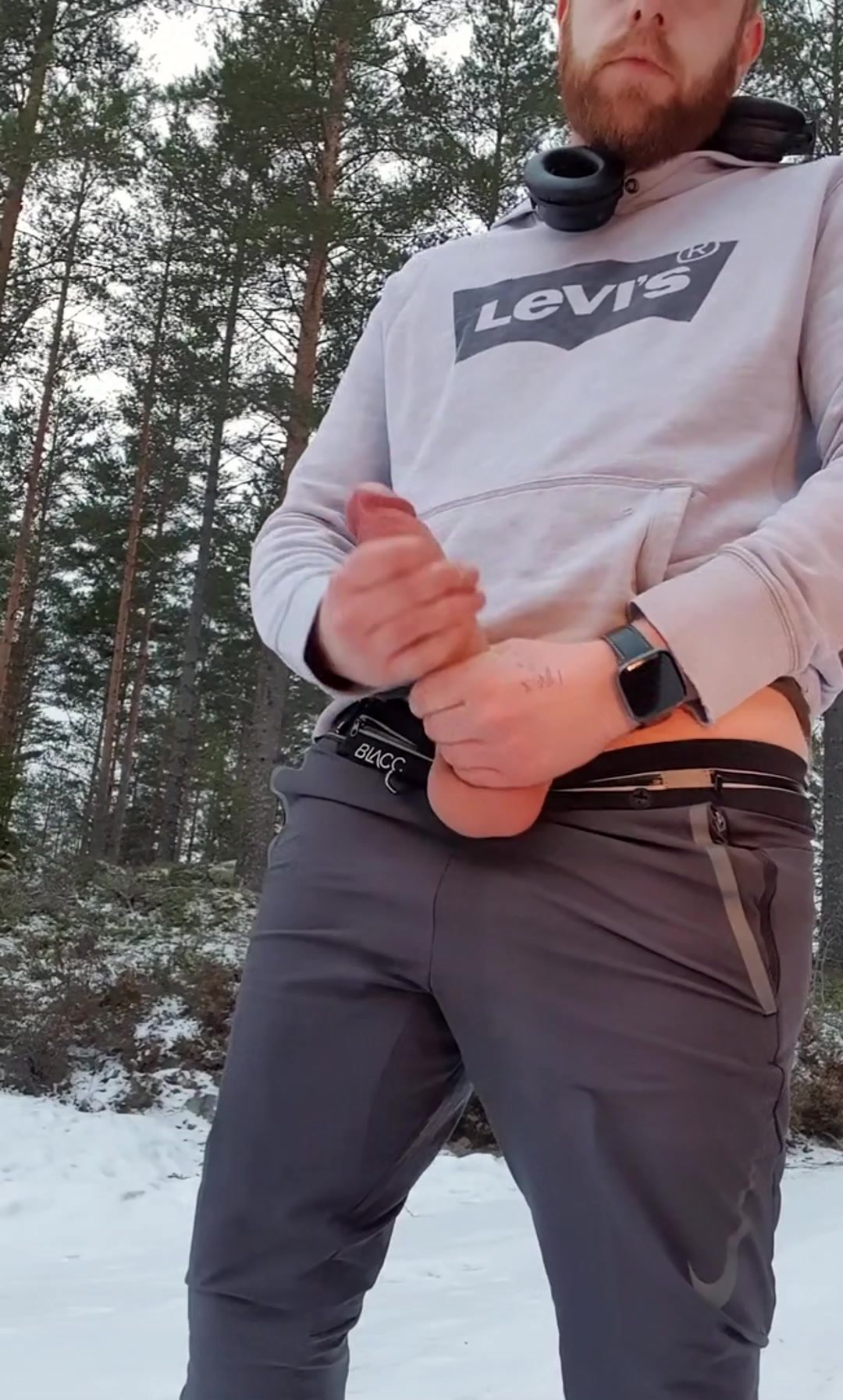 Ginger dad wanks in snowy woods