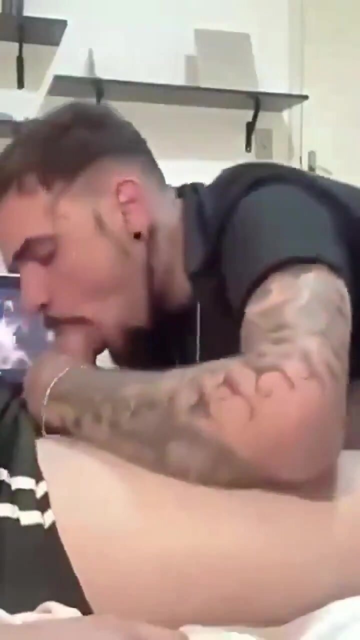 Bearded stud with tattoo stud blows a hunk