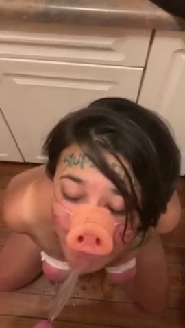 Pig girl drink piss and lick it from floor