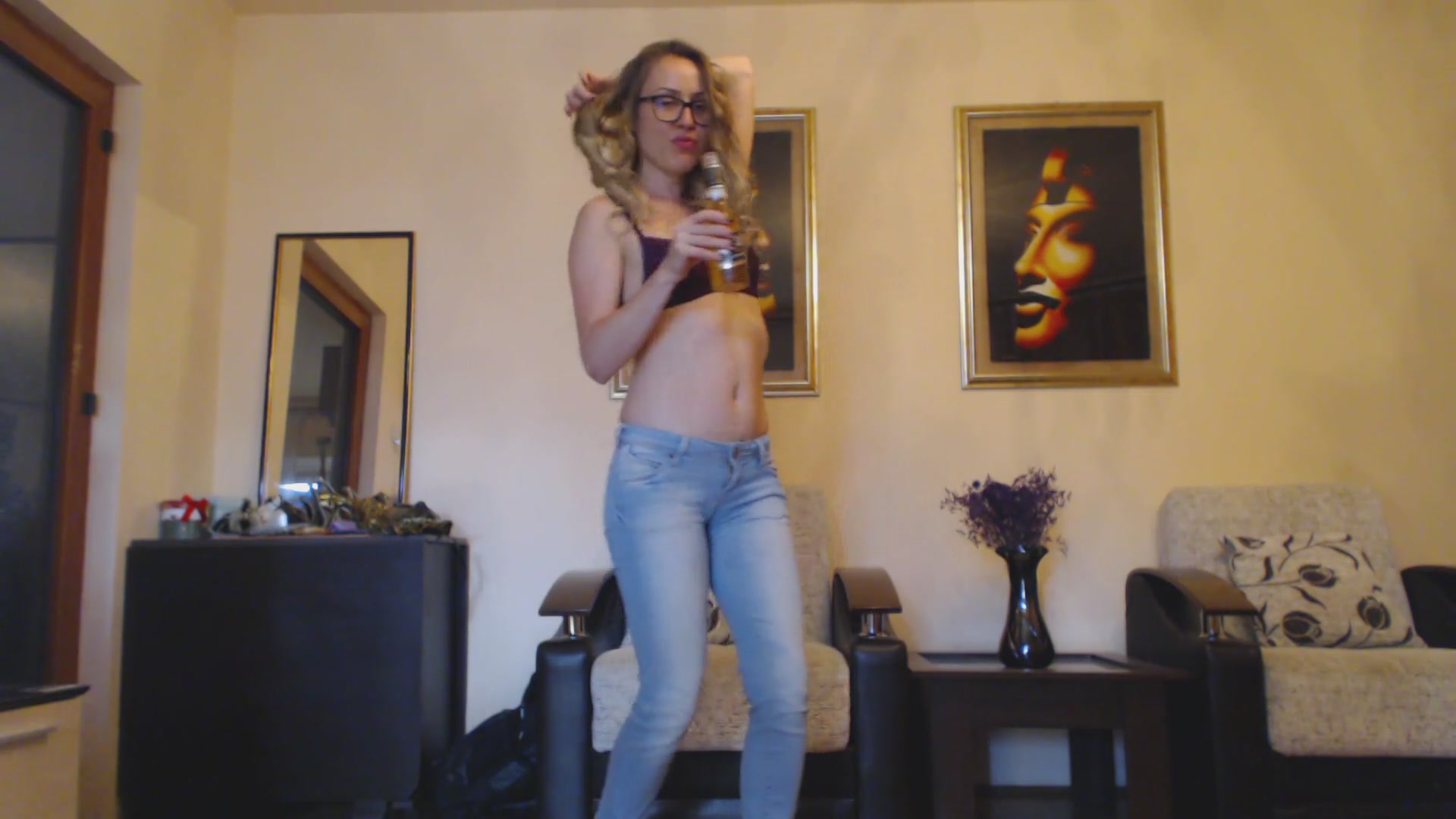 Cute girls with glasses pooping her jeans