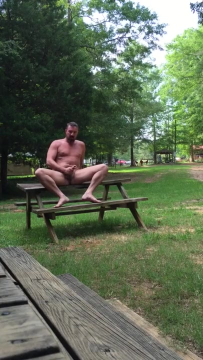 Pig jerking off at the picnic tables