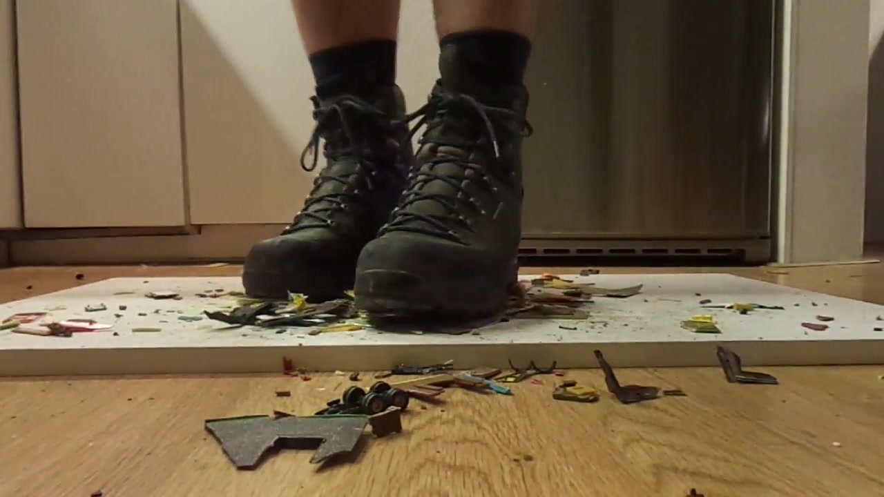 Lowa Hiking Boots Stomp and Destroy Train Model Houses and Toy Cars, Trampl