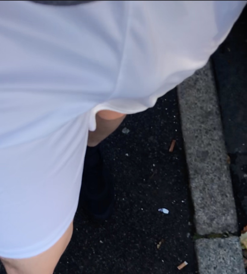Freeballing in a quiet neighborhood in white shorts