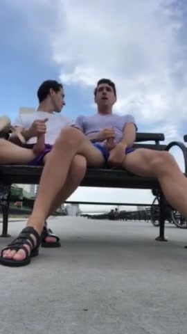 two jock dudes cum at the boardwalk- public