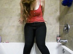 Chubby girl pee jeans in shower