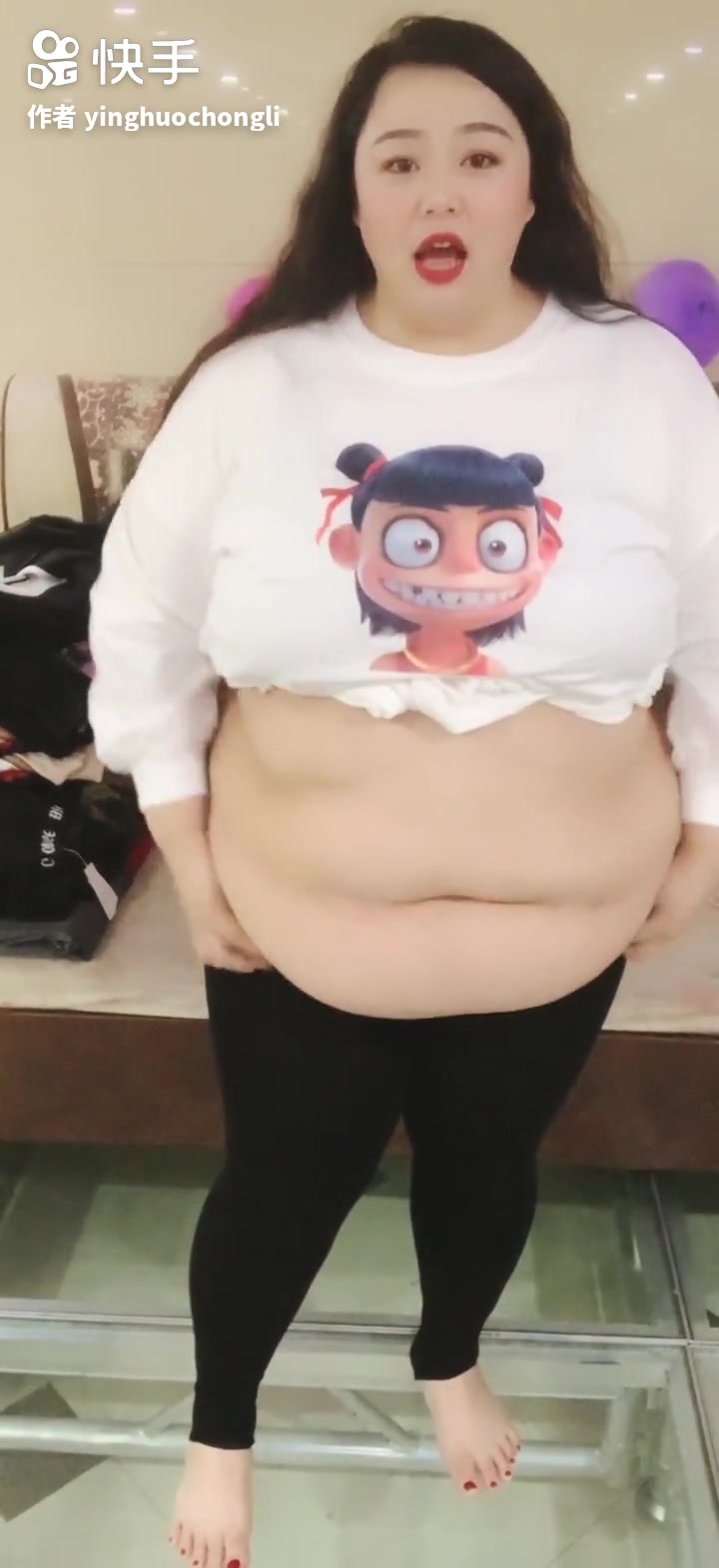 Fat Chinese Woman Shows Hanging Belly