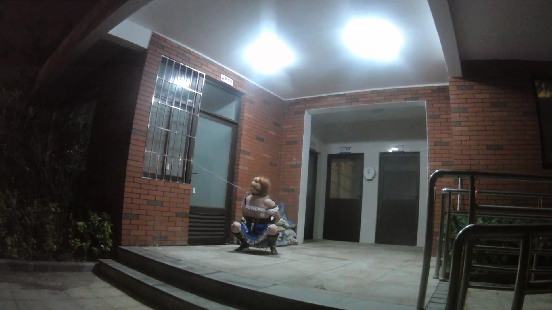 slut locked herself outside the public man's toilet