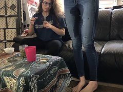 Tickling her bf ends with a wet jeans
