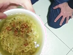 Sub eats noodles with Master's piss