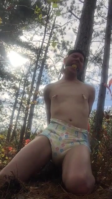 abdl handcuffed to a tree, gagged and tickled