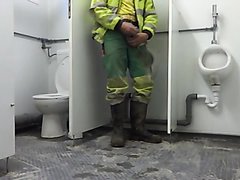 Worker jerks off in Construction site toilet