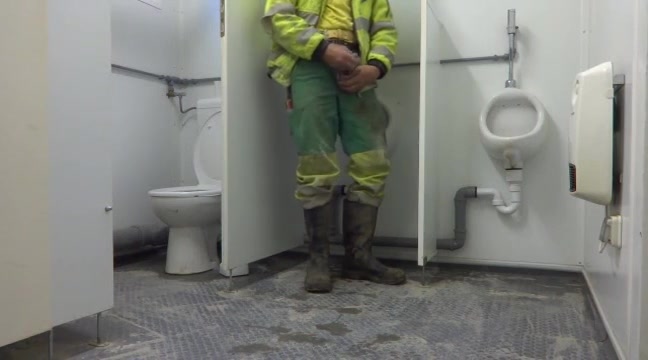 Worker jerks off in Construction site toilet