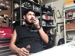 Uncut latino jerking in his uncle's  workshop