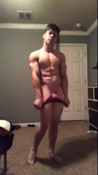 Male cheerleader in bikini briefs shows his thick muscle butt