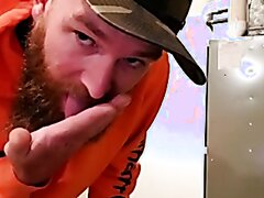 Horny bearded ginger jerks at work and eats the cum