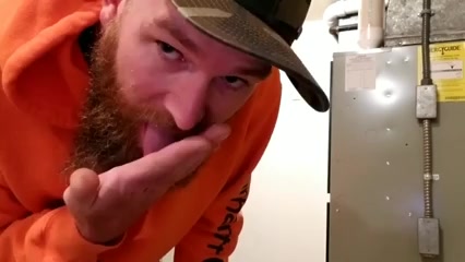 Horny bearded ginger jerks at work and eats the cum