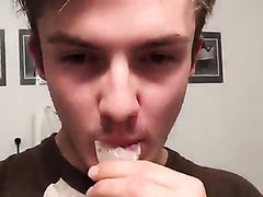 Sucking cum out of used condom he found in brothers trash can