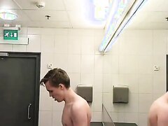 Exhibitionist twink risky cum in public restroom