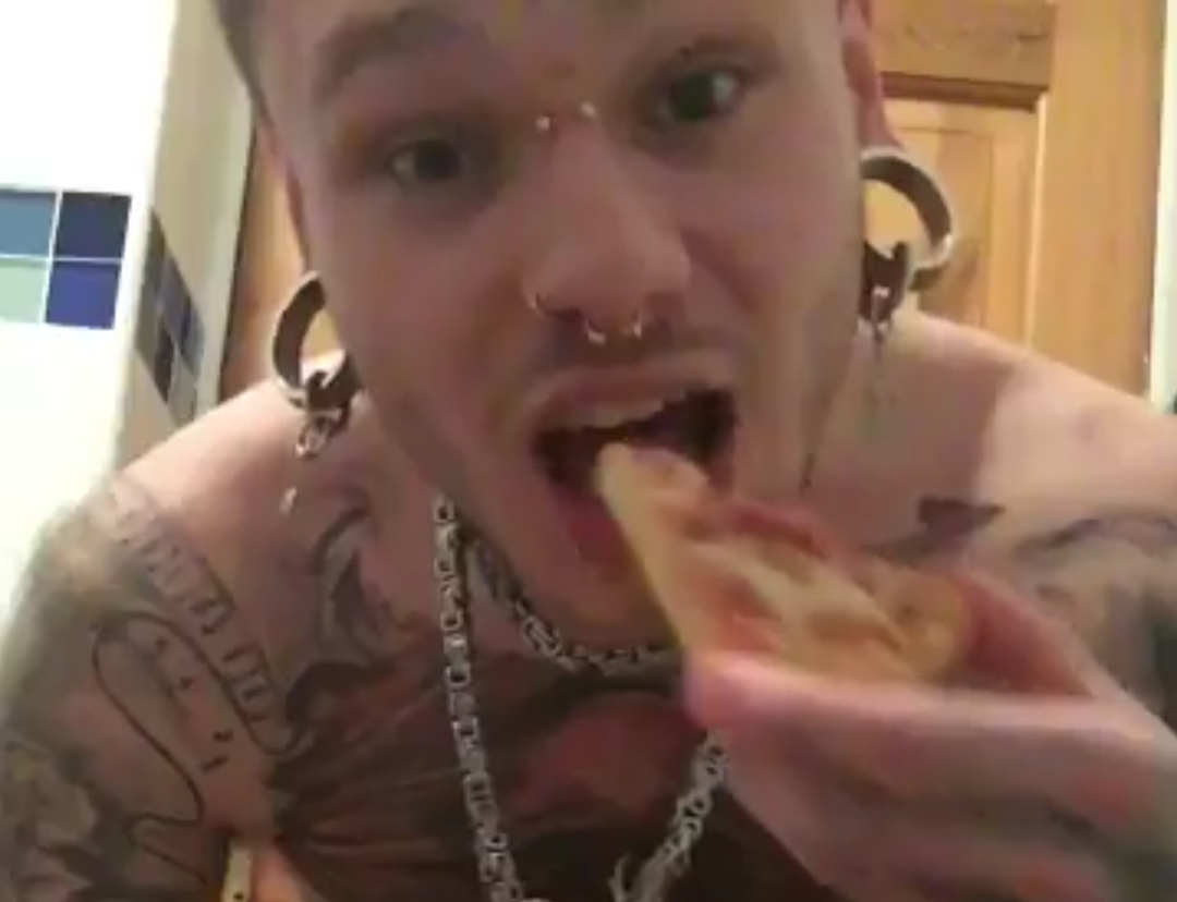 Pierced raver with small uncut rides dildo eating pizza