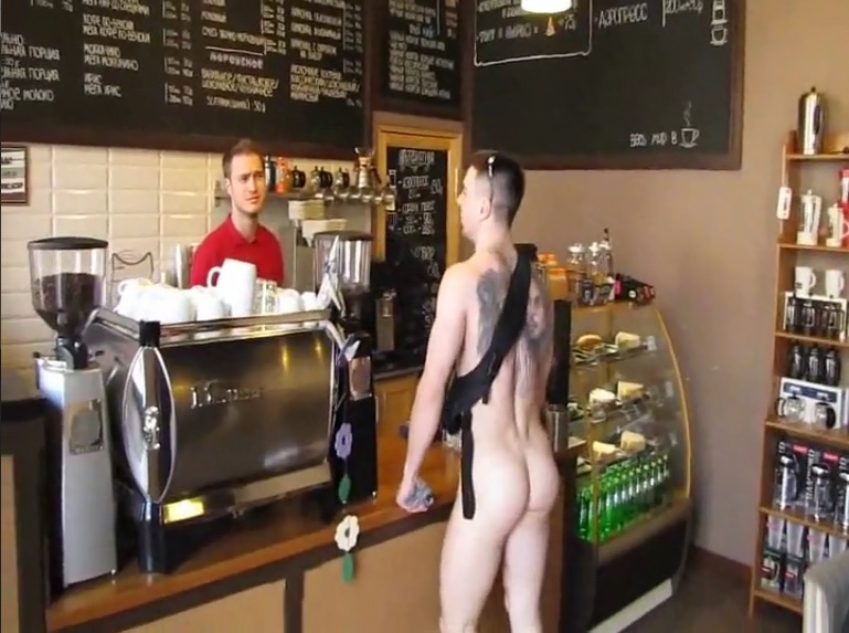 Hot Hunk Naked at Coffee Shop