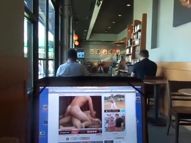 Pig watches porn and nuts in Starbucks