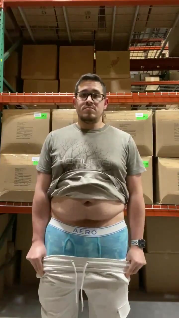 Bigger warehouse dude takes out big cock at work