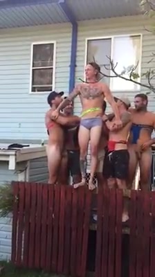 Naked Aussies giving mate a wedgie