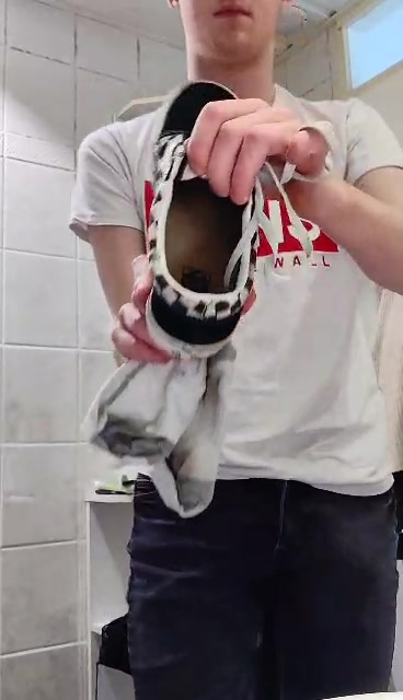 Redhead faggot sniffing dirty shoe with sock in his mouth