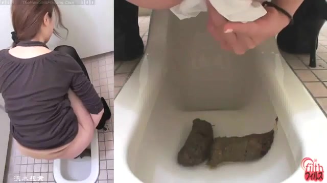 Pretty secretatary pooping big logs in a public toilet