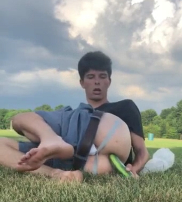 Boy fucks himself in soccer field