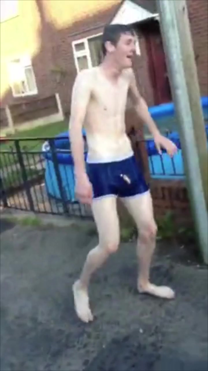 Jumps in a strangers pool in boxers - accidental dick slip