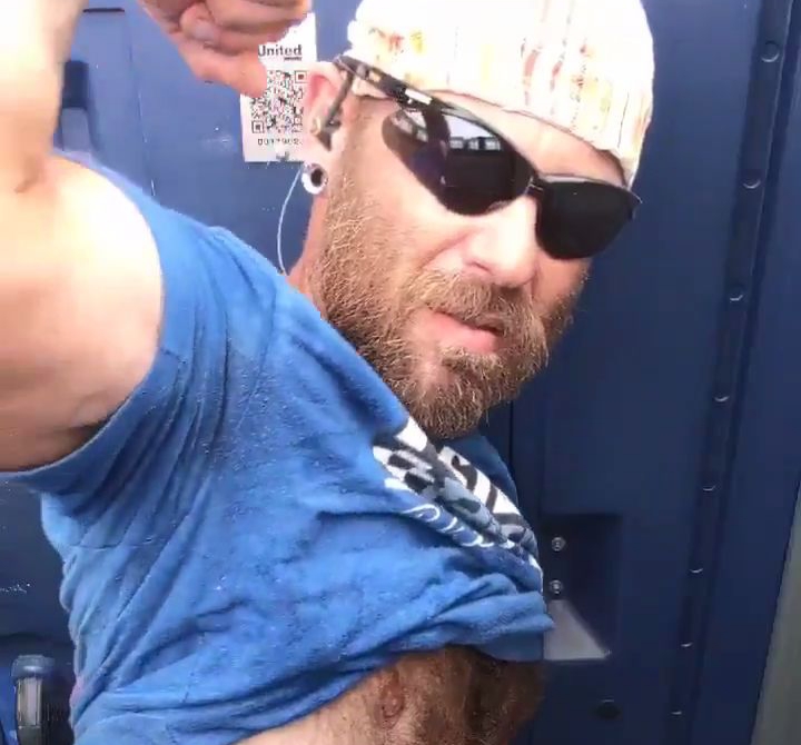 Sweaty port a potty bro shares his piss with you