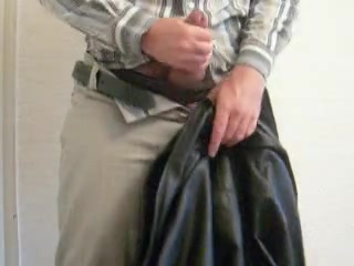 Cumming on heavy leather jacket