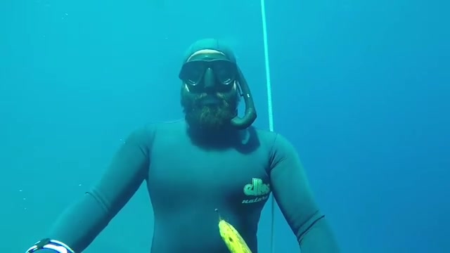 Arab beefy freediver underwater in tight wetsuit