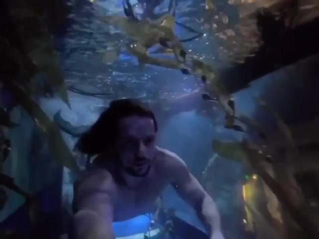 Merman breatholding barefaced underwater in tank