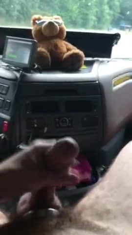 Trucker in cab nuts at rest stop