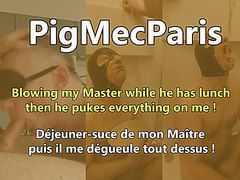 Blowjob, piss and amazing puke in slut's mouth ! / Pipe, pisse et gerbe