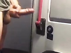 Monster cock sprays train bathroom