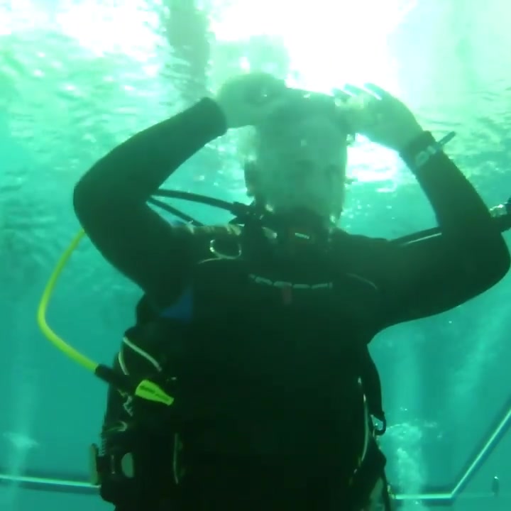 Bald scubadiver taking mask off underwater