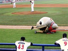 Fish mascot removes guys clothes