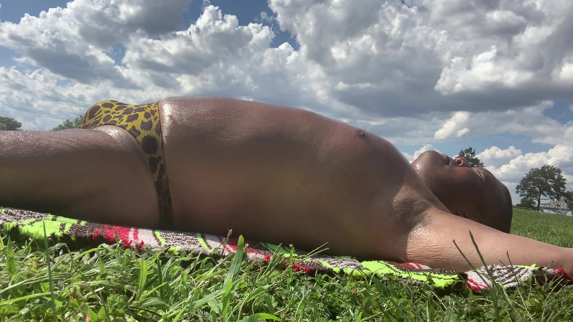 Sunbathing in  Bayonne Park  in Leopard Skin bikini