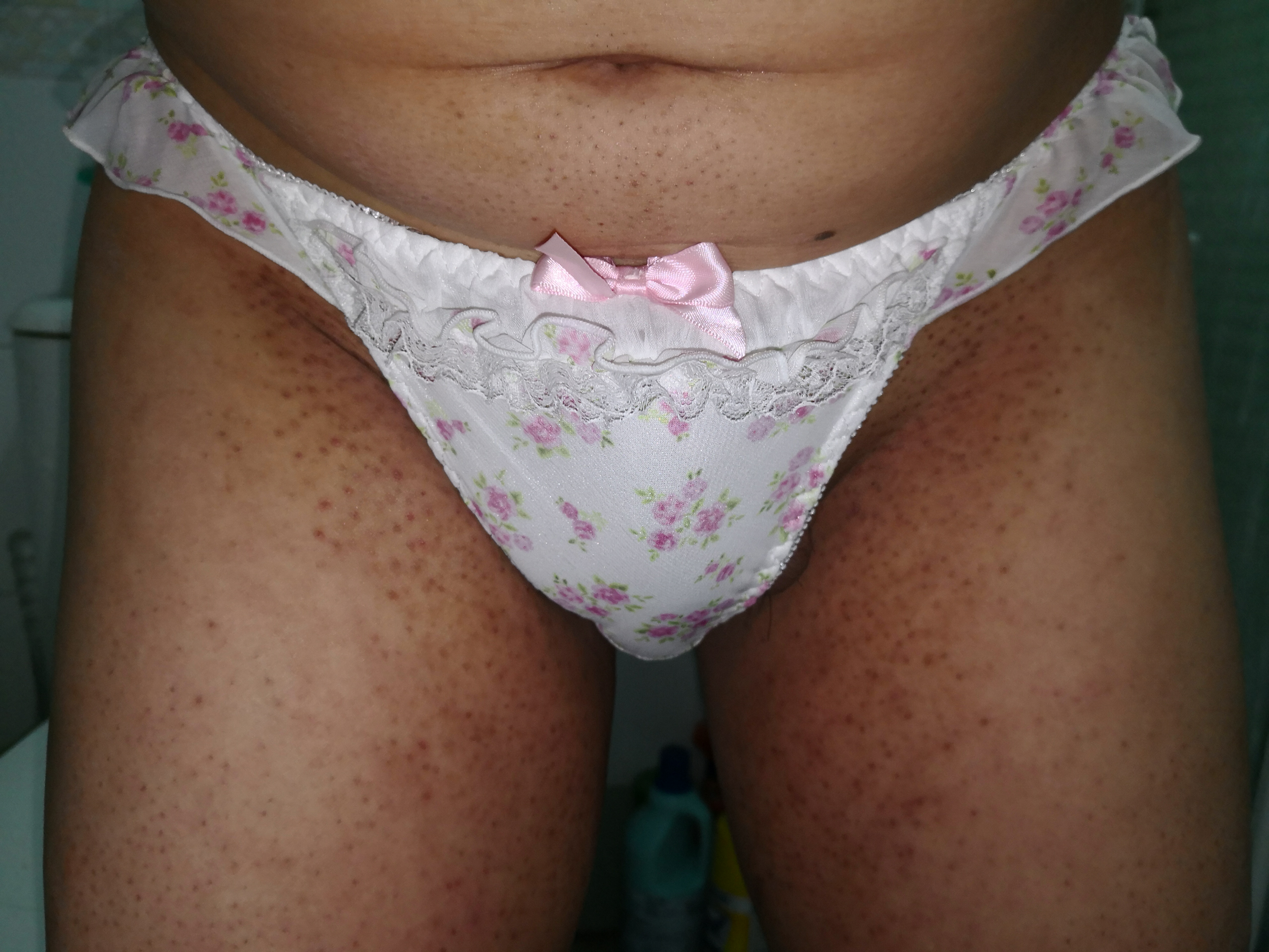Put on this cute white flower pattern panty.It's ready to play by me.